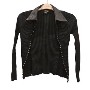 RADZOLI Y2K Black Rhinestone Ribbed Studded Collar Cardigan Sweater Size S